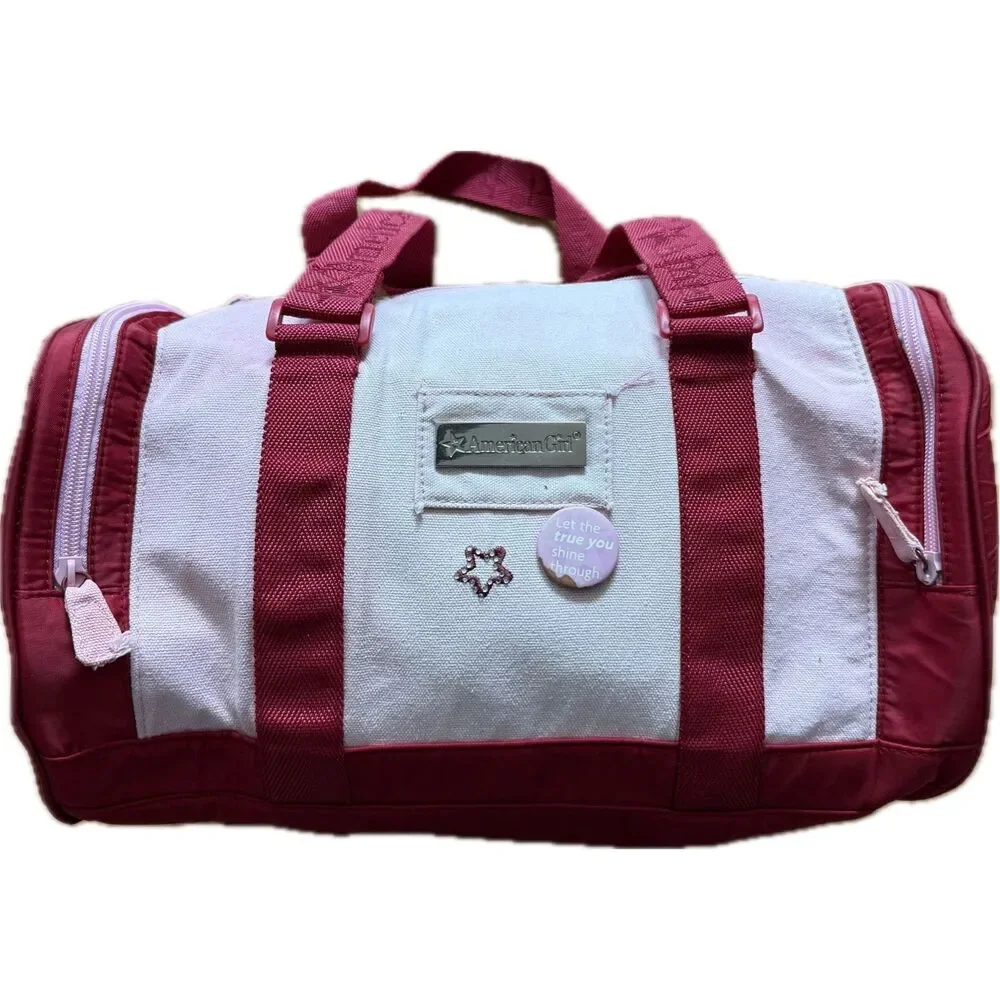 American Girl Duffle Bag - Pink & Red Zipper Closure Buttons Accessory Case